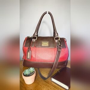 Tignanello Red & Brown Leather Satchel With Detachable Adjustedb Strap